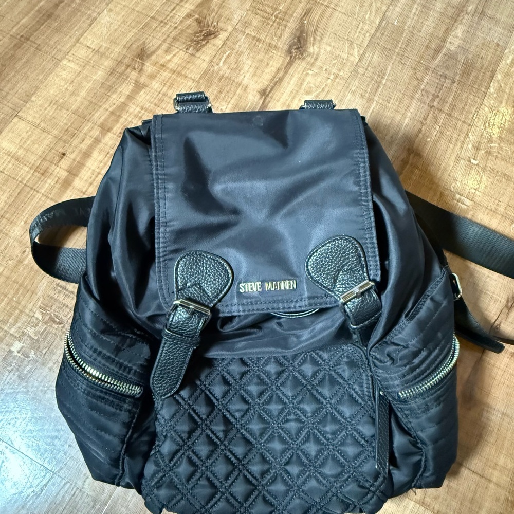 Steve Madden Black Quilted Backpack with Gold Accents